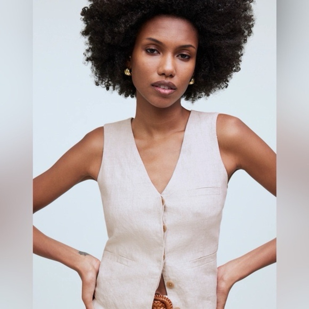 Madewell Single Breasted 100% Linen Vest New NWT Size 2 Small Natural Tan Beige